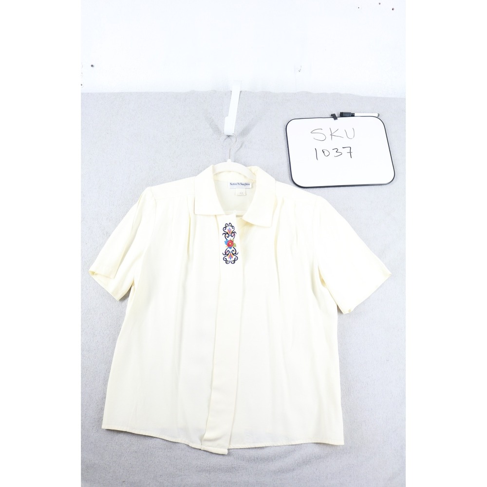 Norton McNaughton Blouse Womens 12 Ivory Embroidered Short Sleeve Vintage Top
